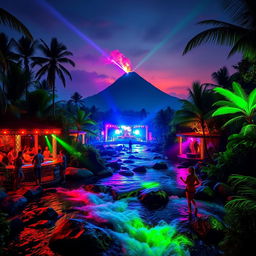 A vibrant discotheque set amidst a natural landscape with a flowing river and a majestic volcano in the background