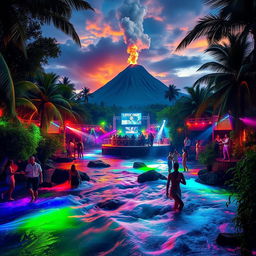 A vibrant discotheque set amidst a natural landscape with a flowing river and a majestic volcano in the background