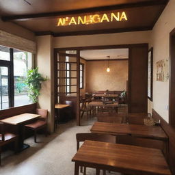 Mangan Na!, a simple and casual brown restaurant nestled in the heart of the Philippines, with a warm, inviting entrance, humming with lively chatter and the mouth-watering aroma of delicious local food.