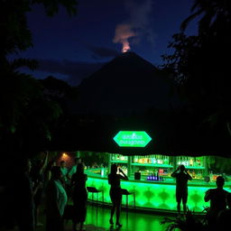 A lively bar named 'Green Diamond' nestled within a discotheque setting amidst natural surroundings, featuring a prominent volcano in the background