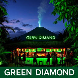A lively bar named 'Green Diamond' nestled within a discotheque setting amidst natural surroundings, featuring a prominent volcano in the background