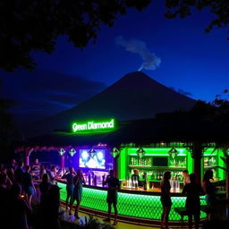 A lively bar named 'Green Diamond' nestled within a discotheque setting amidst natural surroundings, featuring a prominent volcano in the background