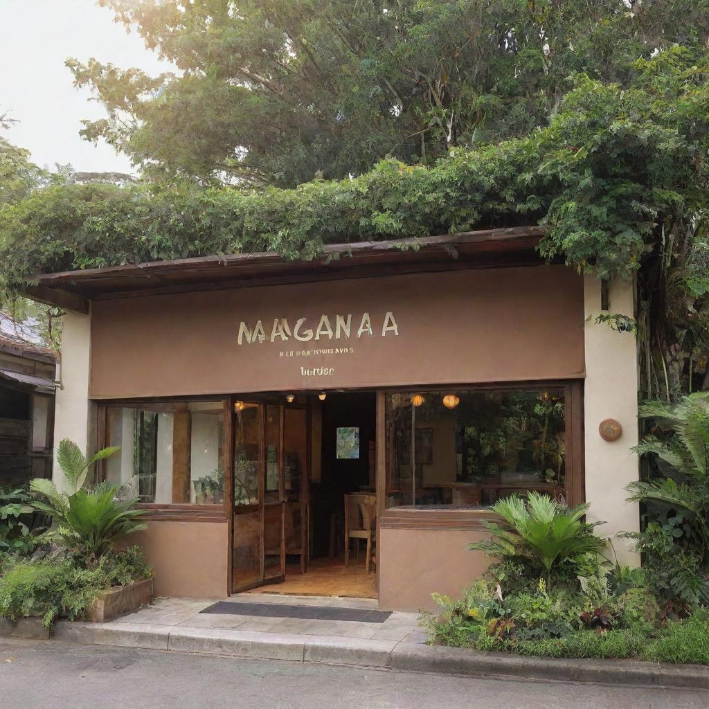 Exterior view of 'MANGAN NA!', a brown, simplistic yet charming fusion restaurant located in the Philippines, with its name displayed elegantly on the front, surrounded by tropical greenery and bathed in the warm afternoon sunlight.