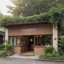 Exterior view of 'MANGAN NA!', a brown, simplistic yet charming fusion restaurant located in the Philippines, with its name displayed elegantly on the front, surrounded by tropical greenery and bathed in the warm afternoon sunlight.