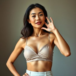 A sexy Asian woman, very skinny, 45 years old, wearing a fashionable bralette, striking a confident pose