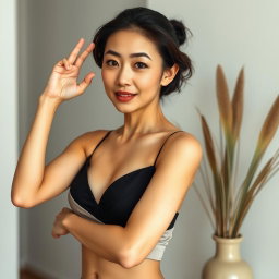 A sexy Asian woman, very skinny, 45 years old, wearing a fashionable bralette, striking a confident pose