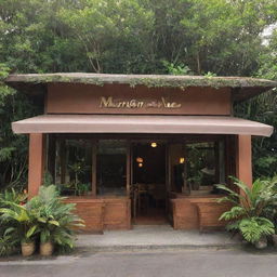 Exterior view of 'MANGAN NA!', a brown, simplistic yet charming fusion restaurant located in the Philippines, with its name displayed elegantly on the front, surrounded by tropical greenery and bathed in the warm afternoon sunlight.