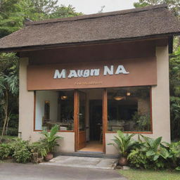 Exterior view of 'MANGAN NA!', a brown, simplistic yet charming fusion restaurant located in the Philippines, with its name displayed elegantly on the front, surrounded by tropical greenery and bathed in the warm afternoon sunlight.