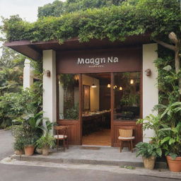 Exterior view of 'MANGAN NA!', a brown, simplistic yet charming fusion restaurant located in the Philippines, with its name displayed elegantly on the front, surrounded by tropical greenery and bathed in the warm afternoon sunlight.