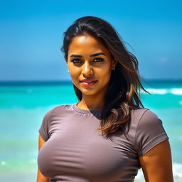 A beautiful Indian woman with striking features, exuding sensuality and confidence, standing on a pristine beach