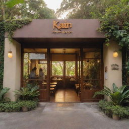 Exterior view of 'KAIN KA', a brown, casual fusion restaurant in the Philippines, the restaurant name prominently displayed at the entrance, enveloped by lush tropical foliage and basking in the setting sun's golden glow.