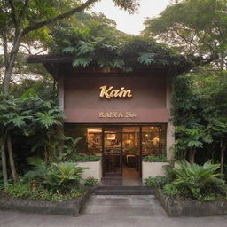 Exterior view of 'KAIN KA', a brown, casual fusion restaurant in the Philippines, the restaurant name prominently displayed at the entrance, enveloped by lush tropical foliage and basking in the setting sun's golden glow.