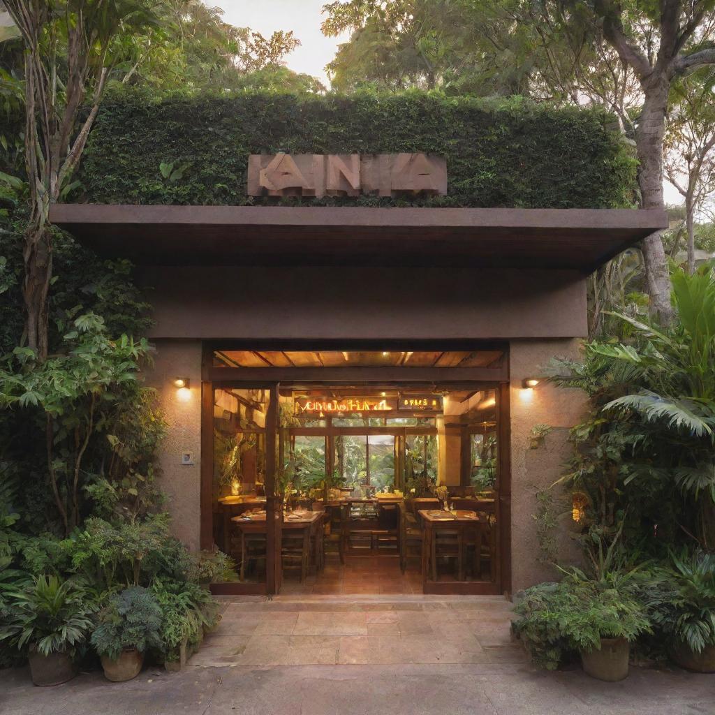 Exterior view of 'KAIN KA', a brown, casual fusion restaurant in the Philippines, the restaurant name prominently displayed at the entrance, enveloped by lush tropical foliage and basking in the setting sun's golden glow.