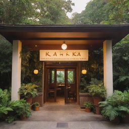 Exterior view of 'KAIN KA', a brown, casual fusion restaurant in the Philippines, the restaurant name prominently displayed at the entrance, enveloped by lush tropical foliage and basking in the setting sun's golden glow.