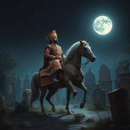 A majestic depiction of a Mughal Emperor on horseback, journeying through an ancient graveyard in the Indus Valley under the light of a luminous full moon