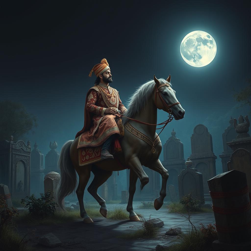 A majestic depiction of a Mughal Emperor on horseback, journeying through an ancient graveyard in the Indus Valley under the light of a luminous full moon
