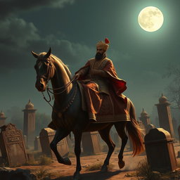 A majestic depiction of a Mughal Emperor on horseback, journeying through an ancient graveyard in the Indus Valley under the light of a luminous full moon