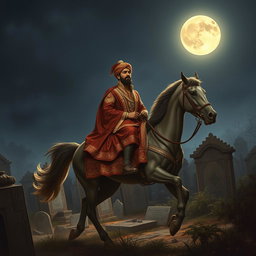 A majestic depiction of a Mughal Emperor on horseback, journeying through an ancient graveyard in the Indus Valley under the light of a luminous full moon