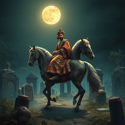 A majestic depiction of a Mughal Emperor on horseback, journeying through an ancient graveyard in the Indus Valley under the light of a luminous full moon