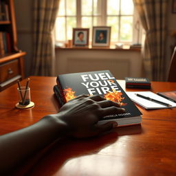 A realistic depiction of a desk with a book titled "Fuel Your Fire" by Qinisela Ngona placed on it