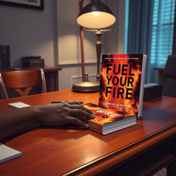 A realistic depiction of a desk with a book titled "Fuel Your Fire" by Qinisela Ngona placed on it