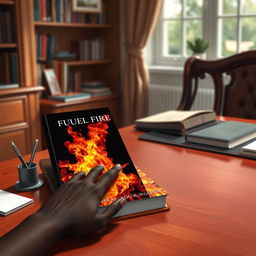 A realistic depiction of a desk with a book titled "Fuel Your Fire" by Qinisela Ngona placed on it