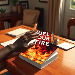 A realistic depiction of a desk with a book titled "Fuel Your Fire" by Qinisela Ngona placed on it