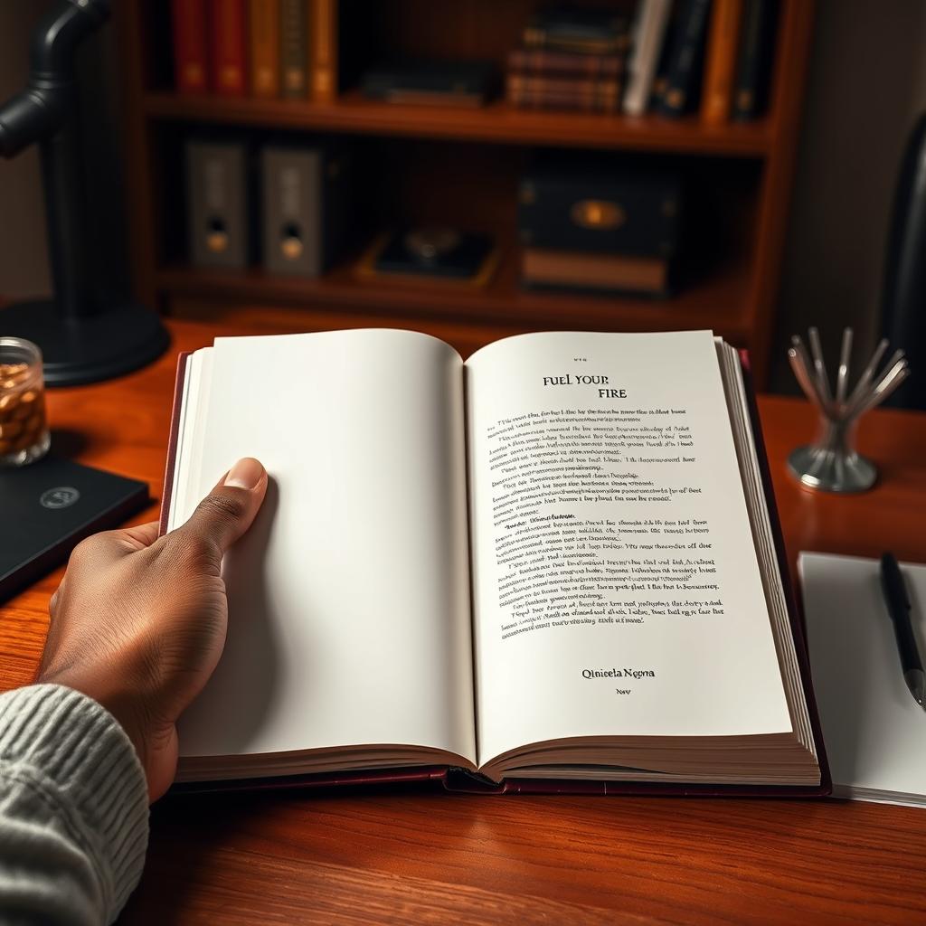 A realistic depiction of a desk with a book titled "Fuel Your Fire" by Qinisela Ngona opened to the first page