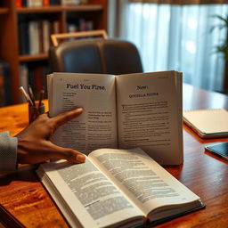 A realistic depiction of a desk with a book titled "Fuel Your Fire" by Qinisela Ngona opened to the first page