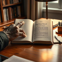 A realistic depiction of a desk with a book titled "Fuel Your Fire" by Qinisela Ngona opened to the first page