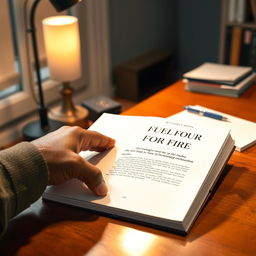 A realistic depiction of a desk with a book titled "Fuel Your Fire" by Qinisela Ngona opened to the first page