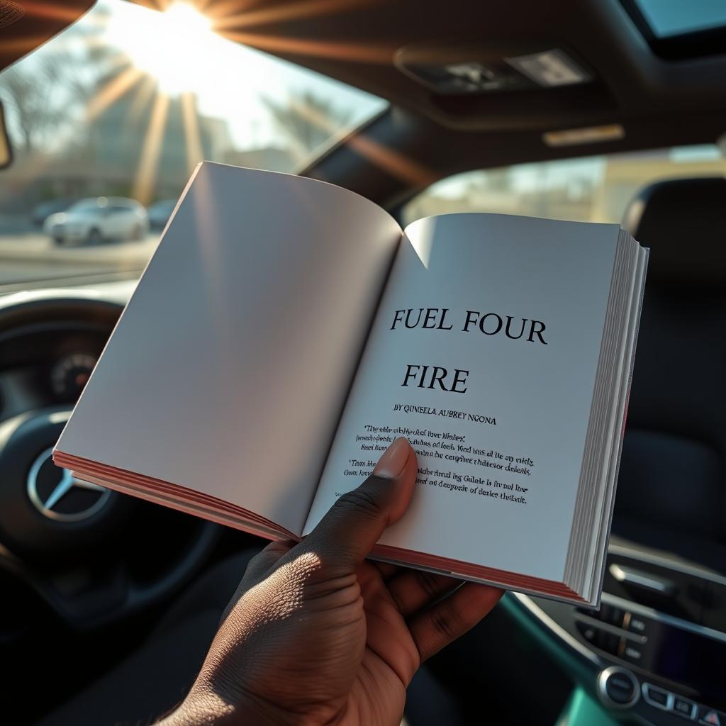 A realistic depiction of the interior of a right-hand drive Mercedes Benz with focus on an open book displaying the page titled "FUEL YOUR FIRE BY QINISELA AUBREY NGONA"