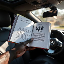 A realistic depiction of the interior of a right-hand drive Mercedes Benz with focus on an open book displaying the page titled "FUEL YOUR FIRE BY QINISELA AUBREY NGONA"