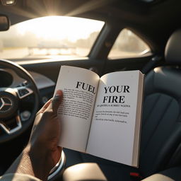 A realistic depiction of the interior of a right-hand drive Mercedes Benz with focus on an open book displaying the page titled "FUEL YOUR FIRE BY QINISELA AUBREY NGONA"