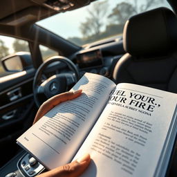 A realistic depiction of the interior of a right-hand drive Mercedes Benz with focus on an open book displaying the page titled "FUEL YOUR FIRE BY QINISELA AUBREY NGONA"