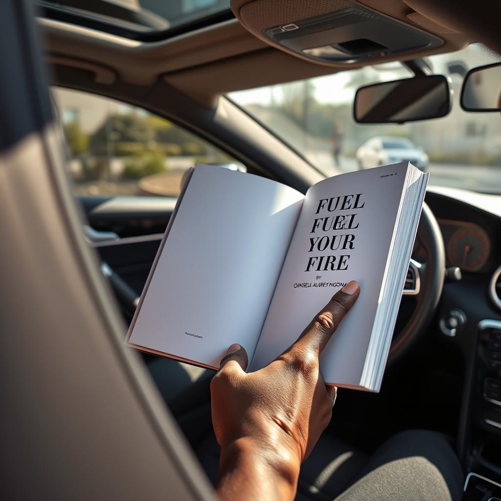 A realistic close-up of the interior of a right-hand drive Mercedes Benz, featuring an open book titled "FUEL YOUR FIRE BY QINISELA AUBREY NGONA"