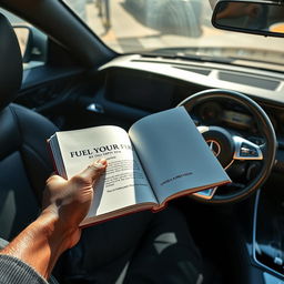 A realistic close-up of the interior of a right-hand drive Mercedes Benz, featuring an open book titled "FUEL YOUR FIRE BY QINISELA AUBREY NGONA"