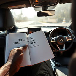 A realistic close-up of the interior of a right-hand drive Mercedes Benz, featuring an open book titled "FUEL YOUR FIRE BY QINISELA AUBREY NGONA"