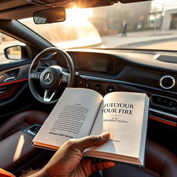 A realistic close-up of the interior of a right-hand drive Mercedes Benz, featuring an open book titled "FUEL YOUR FIRE BY QINISELA AUBREY NGONA"