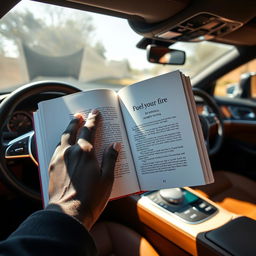 Inside the luxurious and sleek interior of a right-hand drive Mercedes Benz, a book is open to the first page displaying "FUEL YOUR FIRE BY QINISELA AUBREY NGONA"