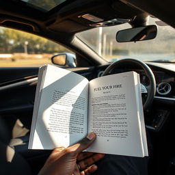 Inside the luxurious and sleek interior of a right-hand drive Mercedes Benz, a book is open to the first page displaying "FUEL YOUR FIRE BY QINISELA AUBREY NGONA"