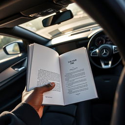 Inside the luxurious and sleek interior of a right-hand drive Mercedes Benz, a book is open to the first page displaying "FUEL YOUR FIRE BY QINISELA AUBREY NGONA"