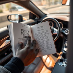 Inside the luxurious and sleek interior of a right-hand drive Mercedes Benz, a book is open to the first page displaying "FUEL YOUR FIRE BY QINISELA AUBREY NGONA"