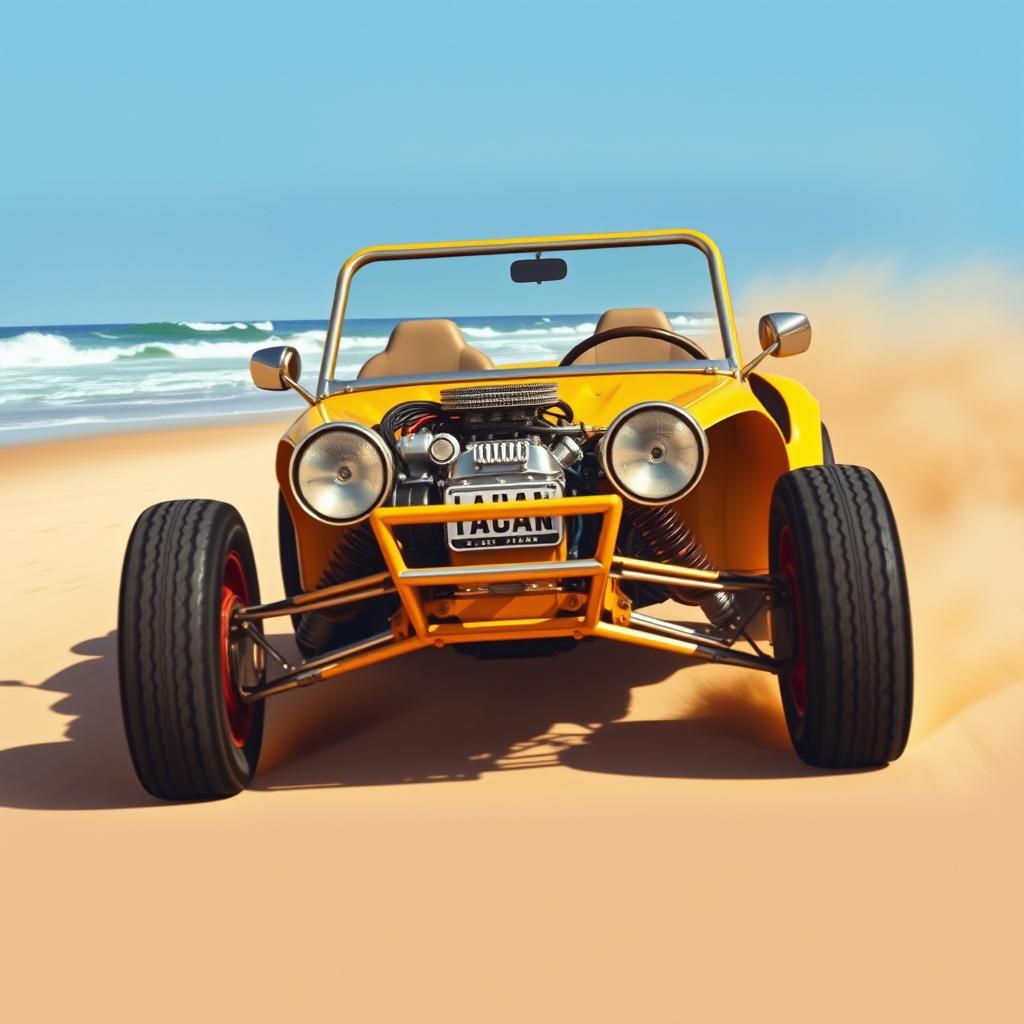 A detailed and vibrant depiction of Steve McQueen's iconic Manx dune buggy, featuring a Corvair engine, as seen in "The Thomas Crown Affair"