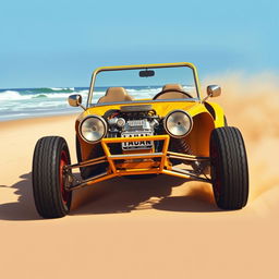 A detailed and vibrant depiction of Steve McQueen's iconic Manx dune buggy, featuring a Corvair engine, as seen in "The Thomas Crown Affair"