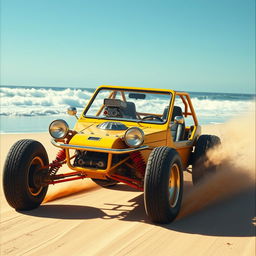 A detailed and vibrant depiction of Steve McQueen's iconic Manx dune buggy, featuring a Corvair engine, as seen in "The Thomas Crown Affair"