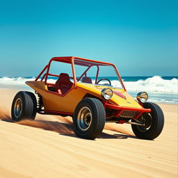 A detailed and vibrant depiction of Steve McQueen's iconic Manx dune buggy, featuring a Corvair engine, as seen in "The Thomas Crown Affair"