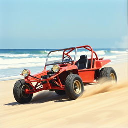 A detailed and vibrant depiction of Steve McQueen's iconic Manx dune buggy, featuring a Corvair engine, as seen in "The Thomas Crown Affair"