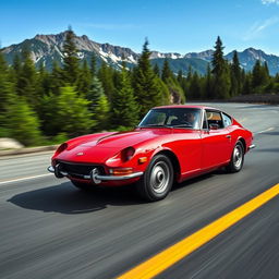 A 1967 Toyota 2000GT speeding around a sweeping curve in North Cascades National Park