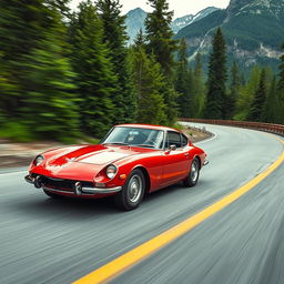 A 1967 Toyota 2000GT speeding around a sweeping curve in North Cascades National Park